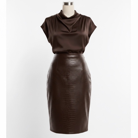 Draped Mock Neck Faux Leather Midi Dress - Picture 4 of 4